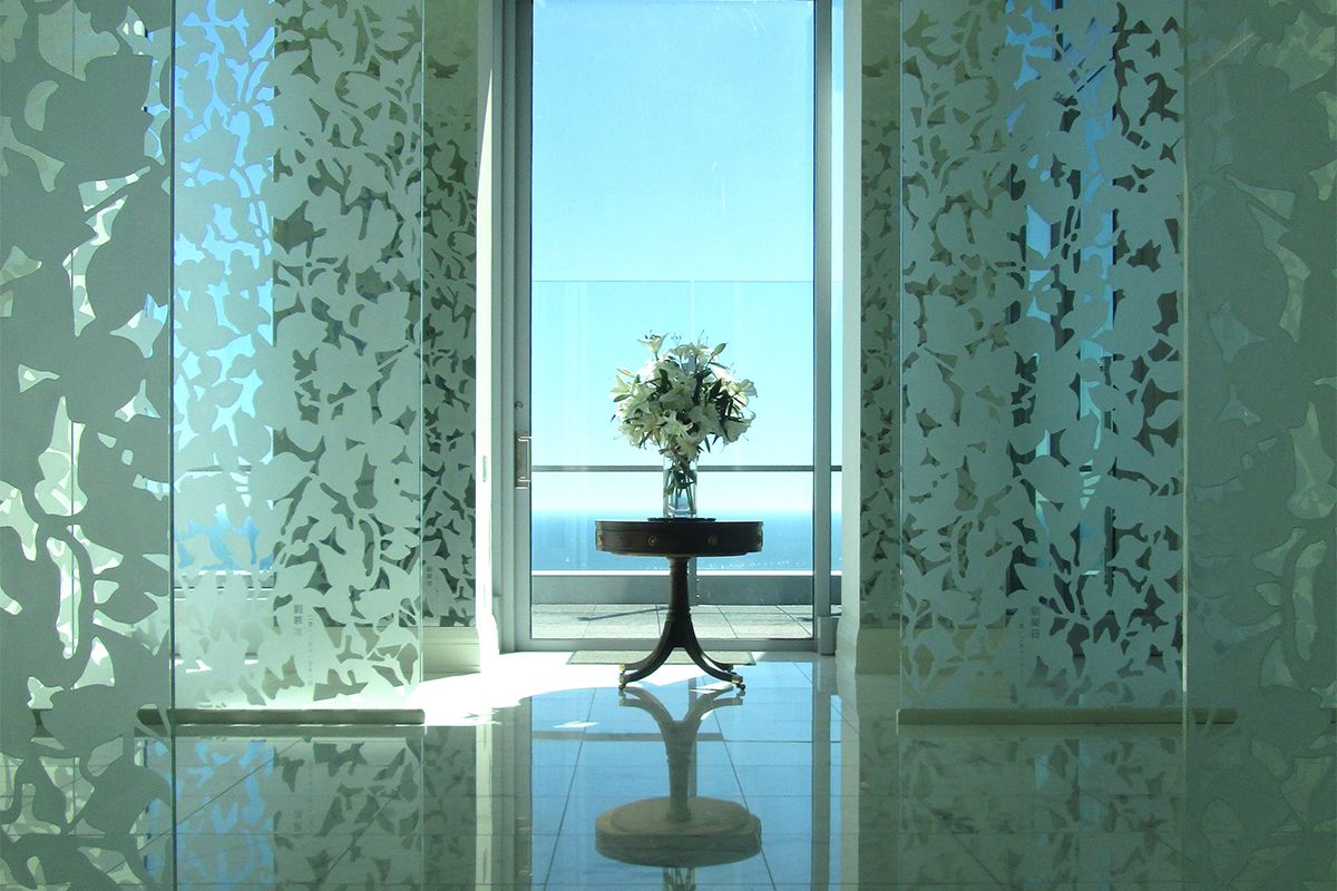 Frosted floral window film in a bright condo suite